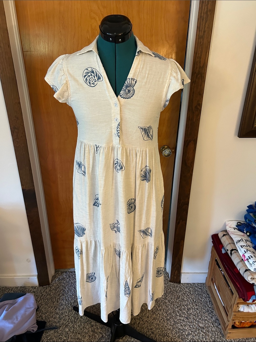 Jane and Delancey Cream Maxi Dress with Blue Shell Print